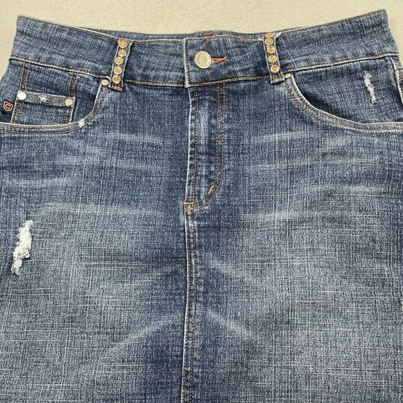 Crest Jean Mini Skirt Size 7/8 Denim Dark Blue Stud Crystal Blink Distressed Hip - Picture 3 of 10